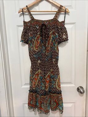 XOXO Brown Paisley Boho Off-Shoulder Summer Dress
